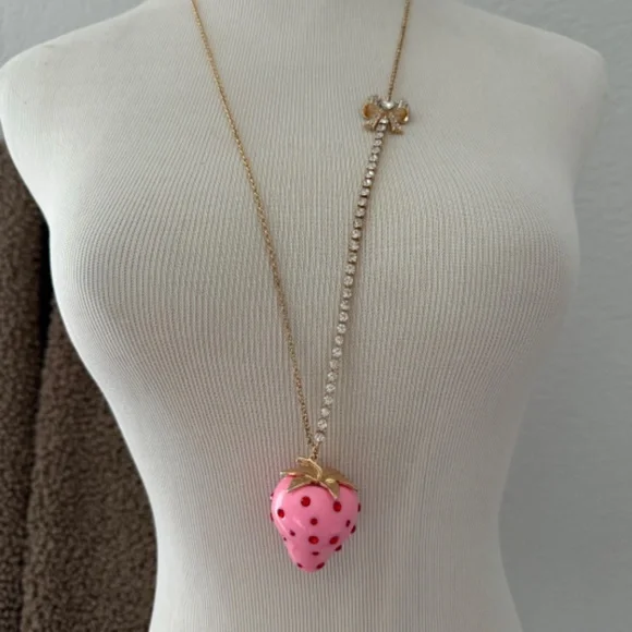 Betsey Johnson Pink Strawberry Red Rhinestone Long Necklace Gold Tone - Picture 3 of 9